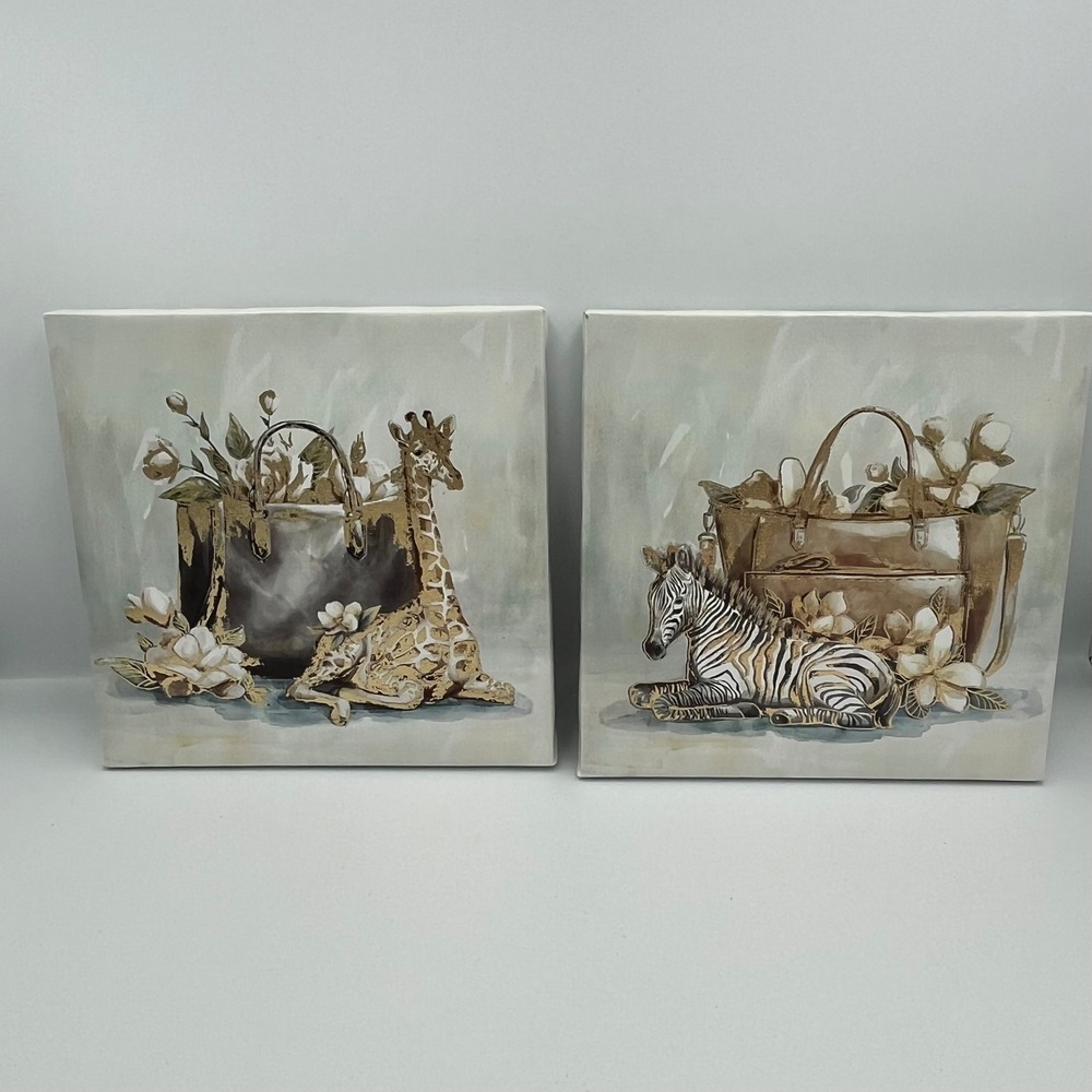 Giraffe Zebra Canvas Wall‎ Art Decor Neutral Beige Gold Floral Animal Prints Set